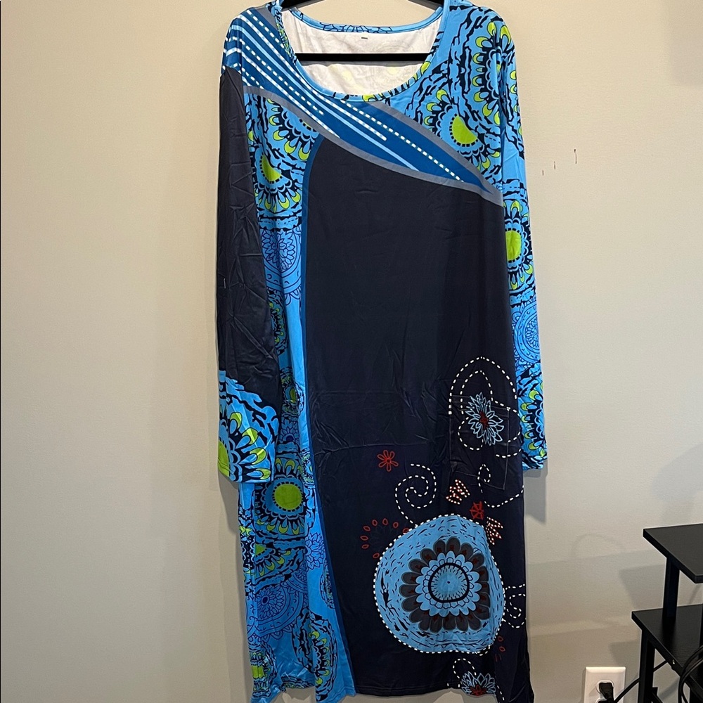 Blue and Black Floral Patterned Long Sleeve Dress